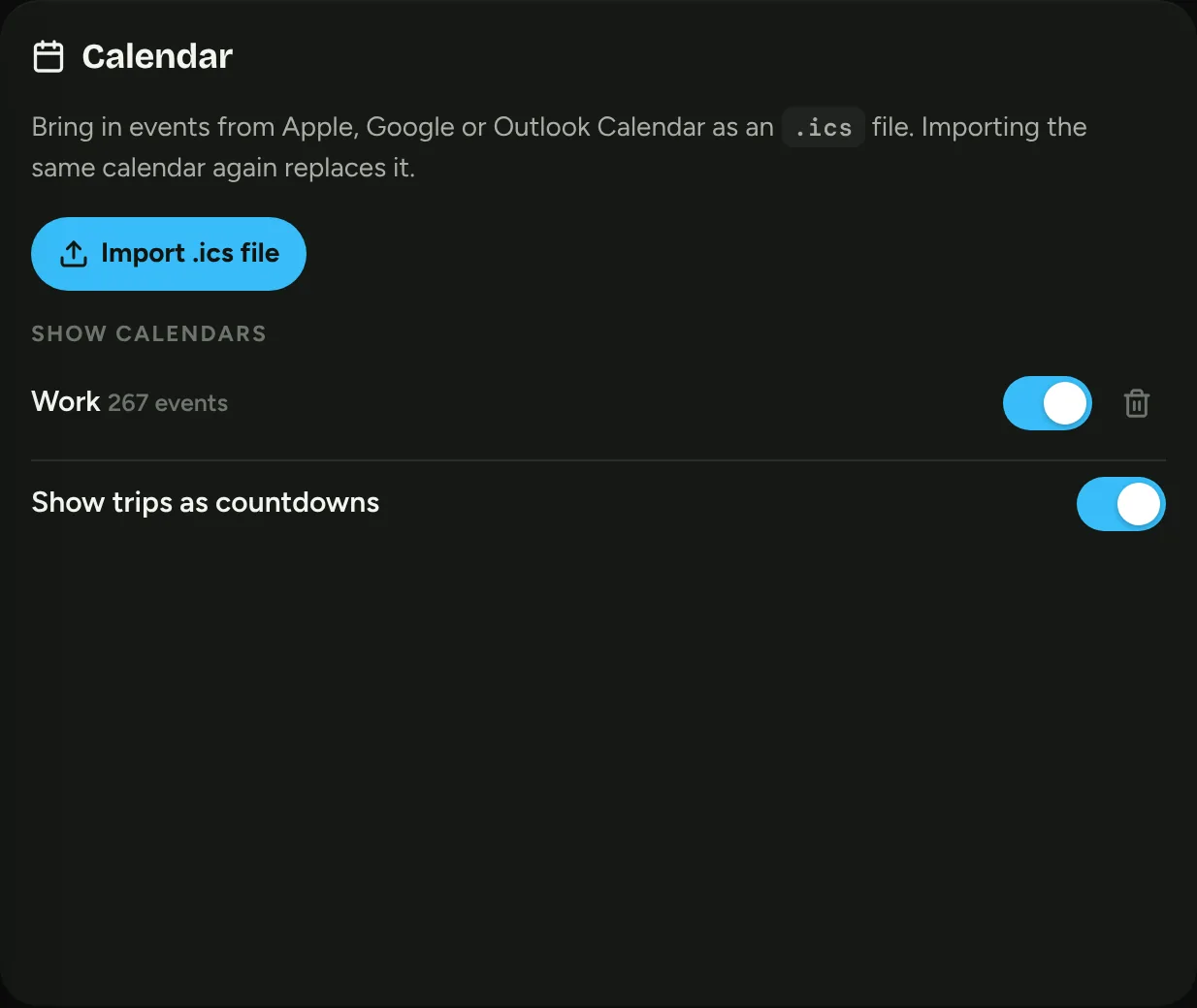 Calendar settings with Import .ics button and calendar toggles