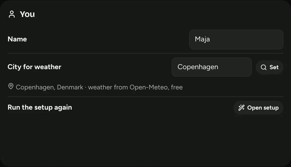 Profile settings with name and city for weather