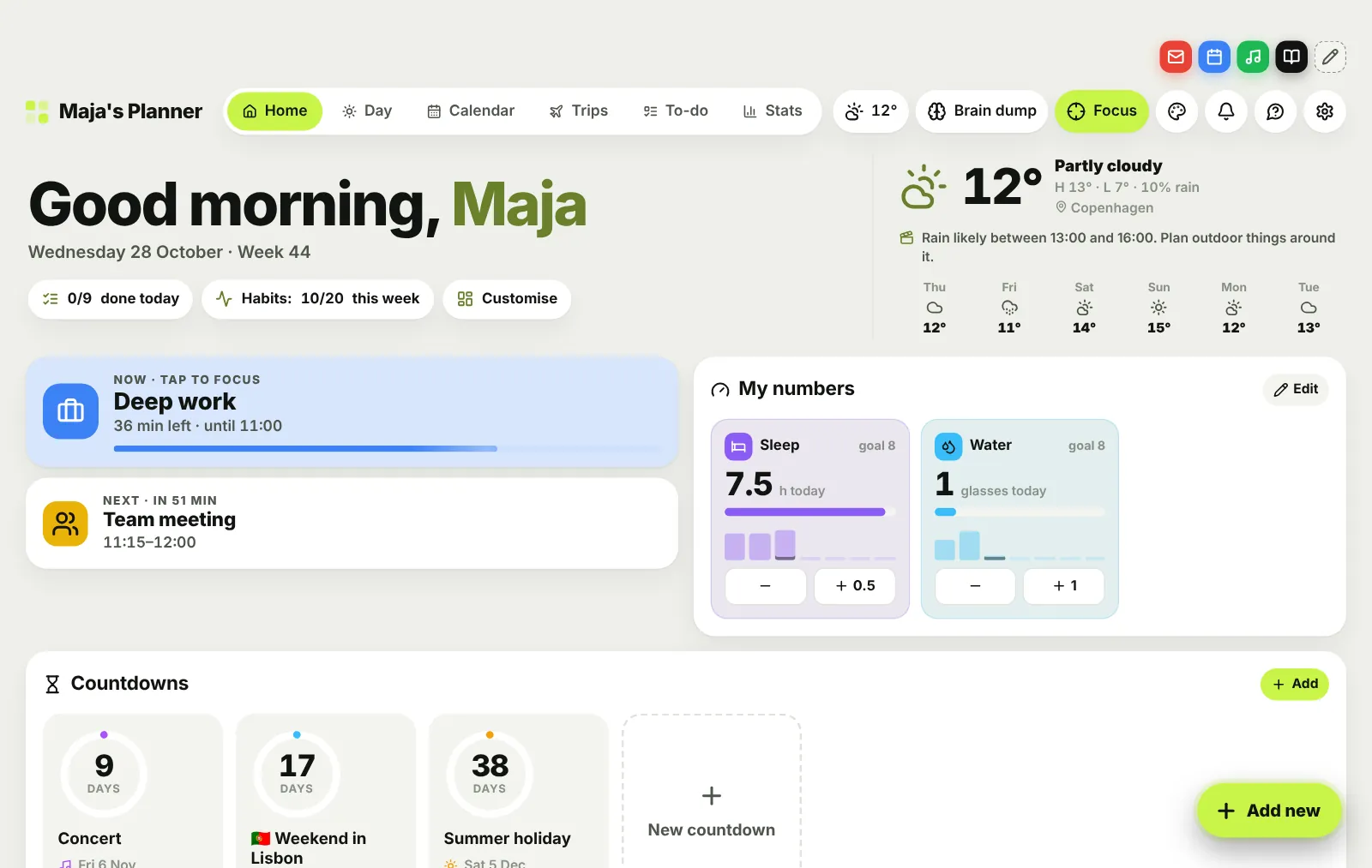 Daglig in light mode on a computer: greeting, weather, now and next, and audience goals