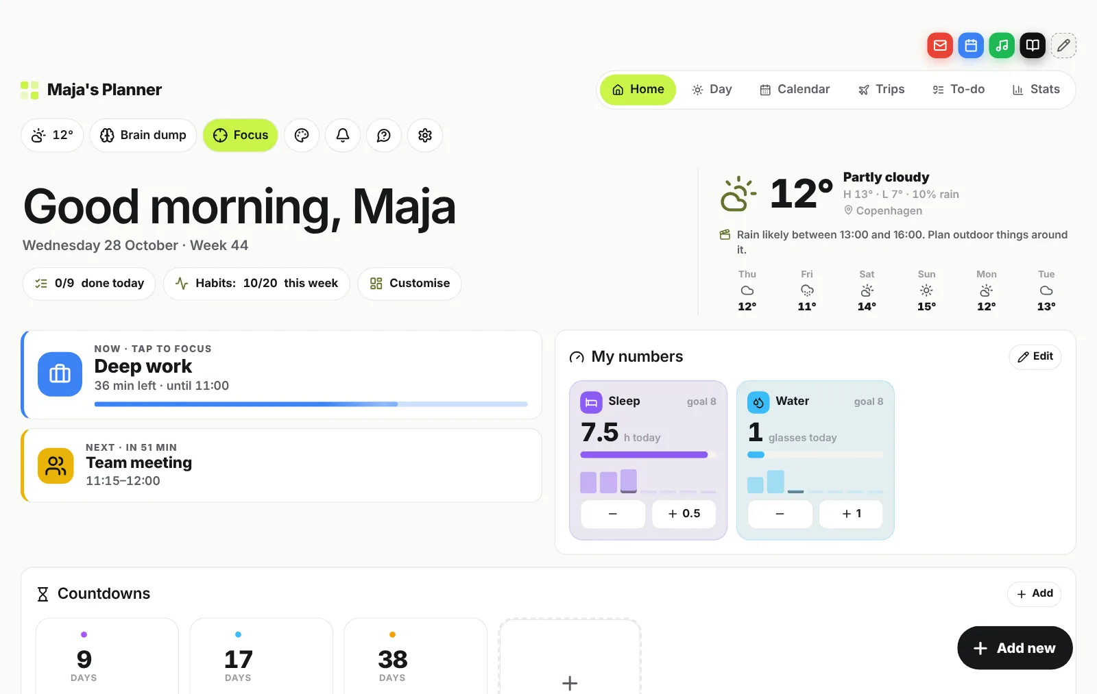Daglig in minimal mode on a computer: greeting, weather, now and next, and audience goals